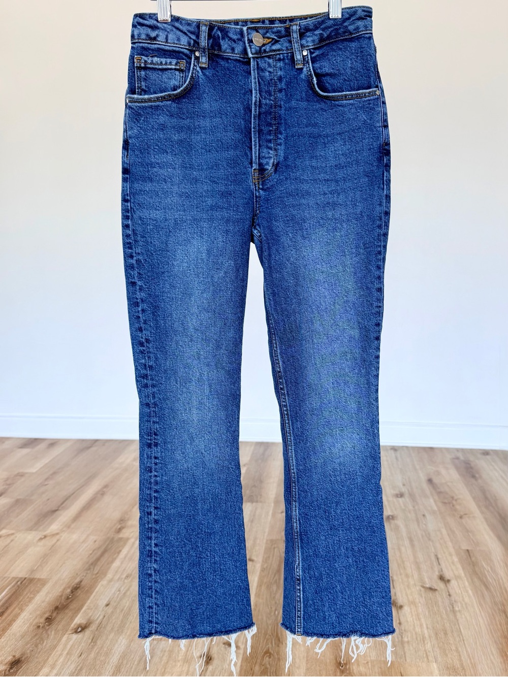 ANINE BING High Rise Raw Hem Kick Flare Jeans Blue Size 26